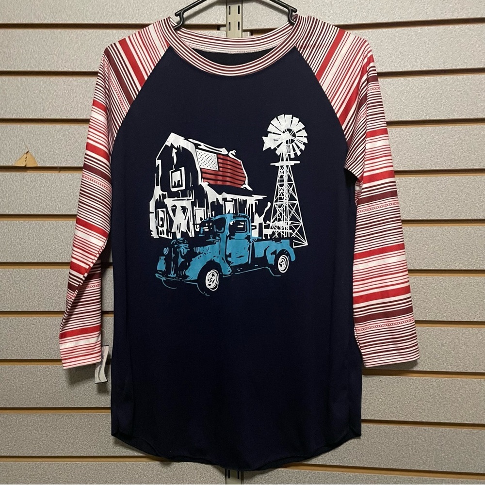 NWTS‎ Ladies Medium Country Scene Navy Red White Striped Long Sleeve Tee Truck